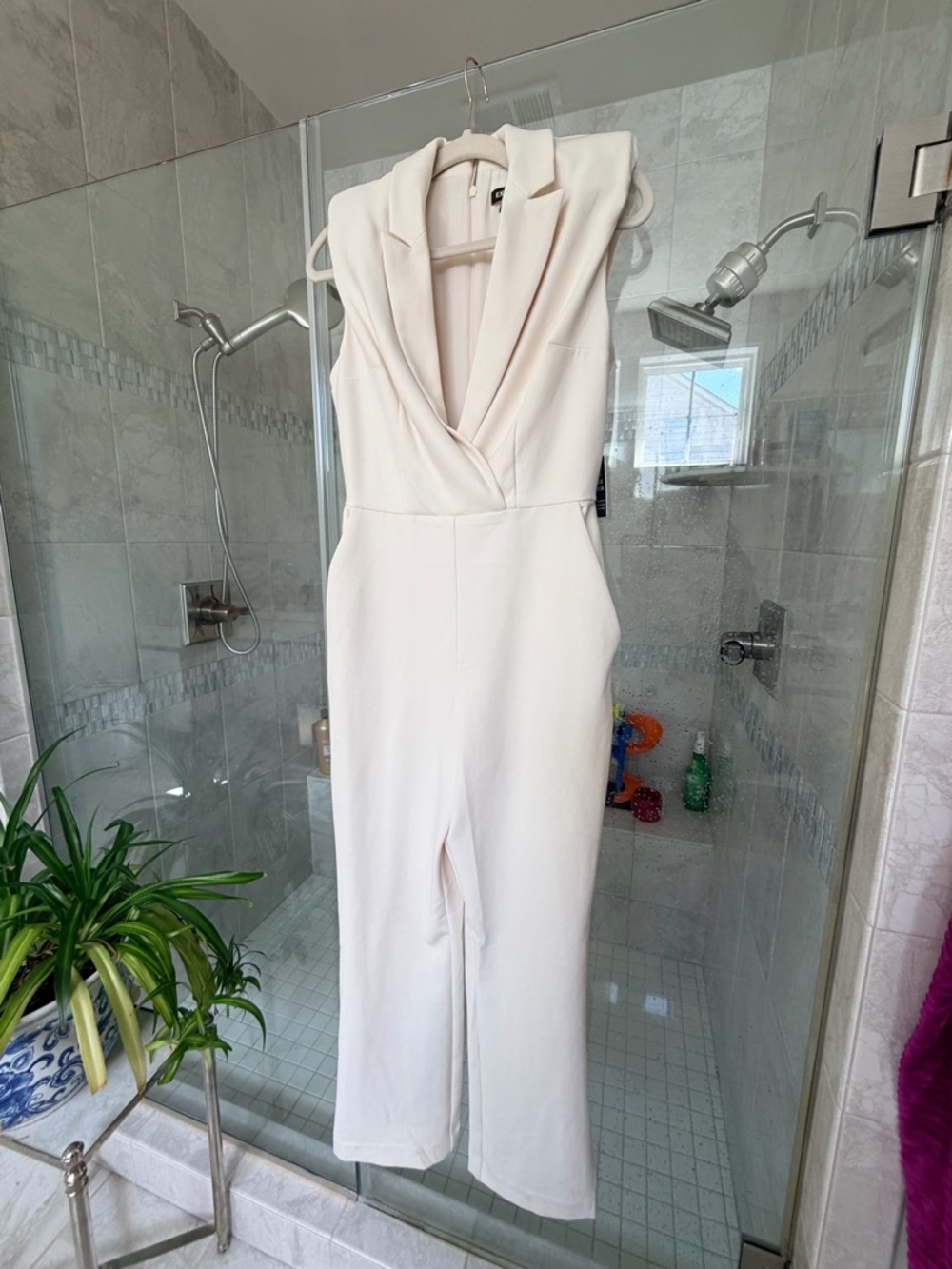 NWT- Express Cream Sleeveless V-Neck Tailored Jumpsuit